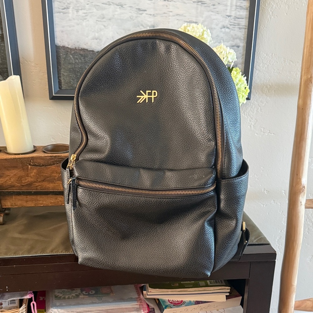 Freshly Picked Black Vegan leather Diaper Backpack with Gold Logo.